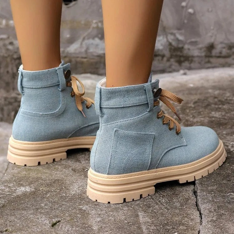 Lace-up denim ankle boots women platform cowboy boots flat heel round toe PU rubber sole autumn winter