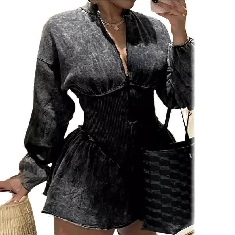 Grey slim-fit A-line dress with digital printing design and long sleeves
