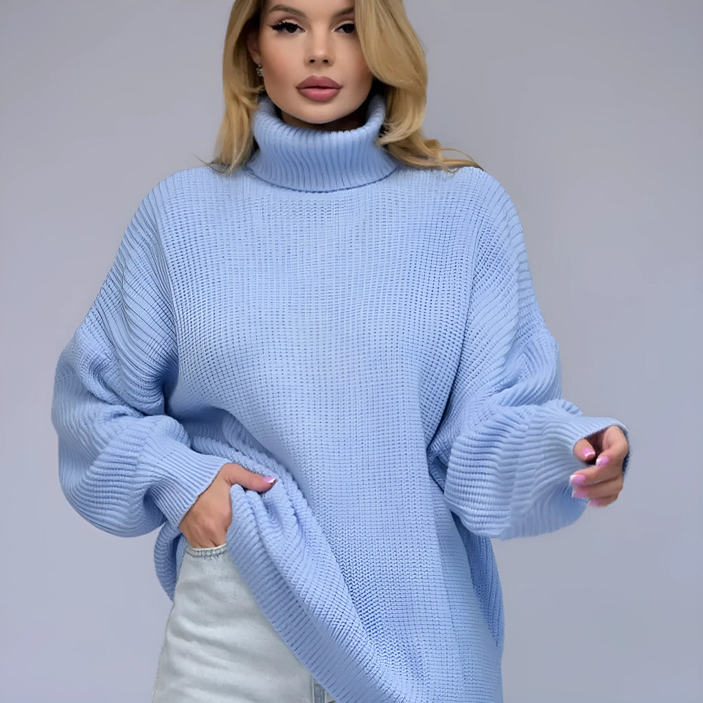 Women's high neck pullover sweater in thick imitation cashmere fabric, loose fit, solid colour