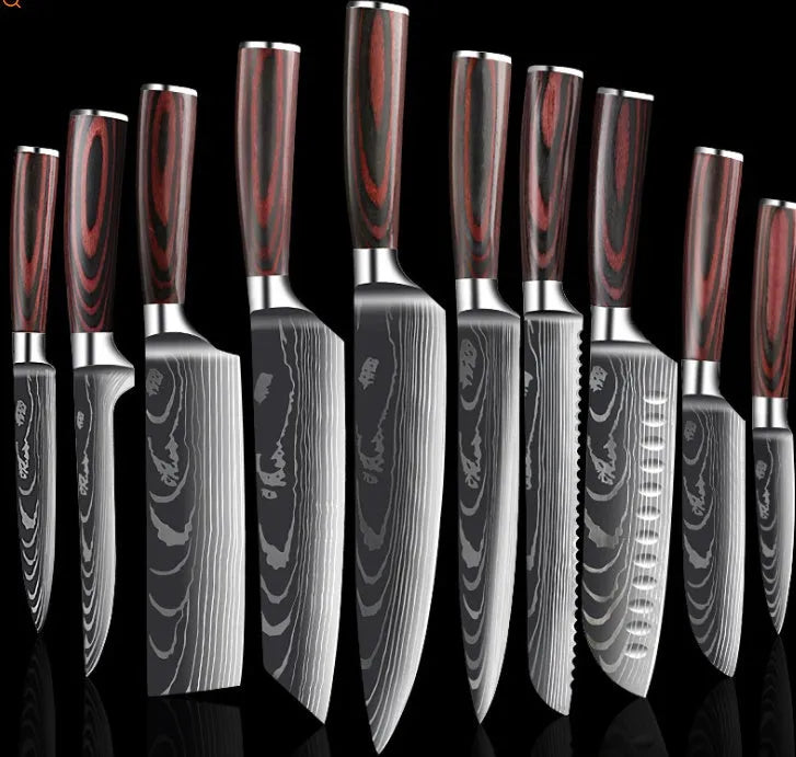 7Cr17 stainless steel chef knife with 18cm blade, laser Damascus pattern, and coloured wood handle