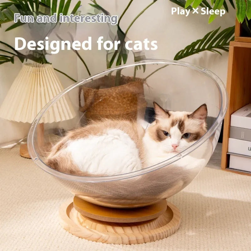 Transparent acrylic space capsule turntable cat bed enclosure shown in clear material with turntable base