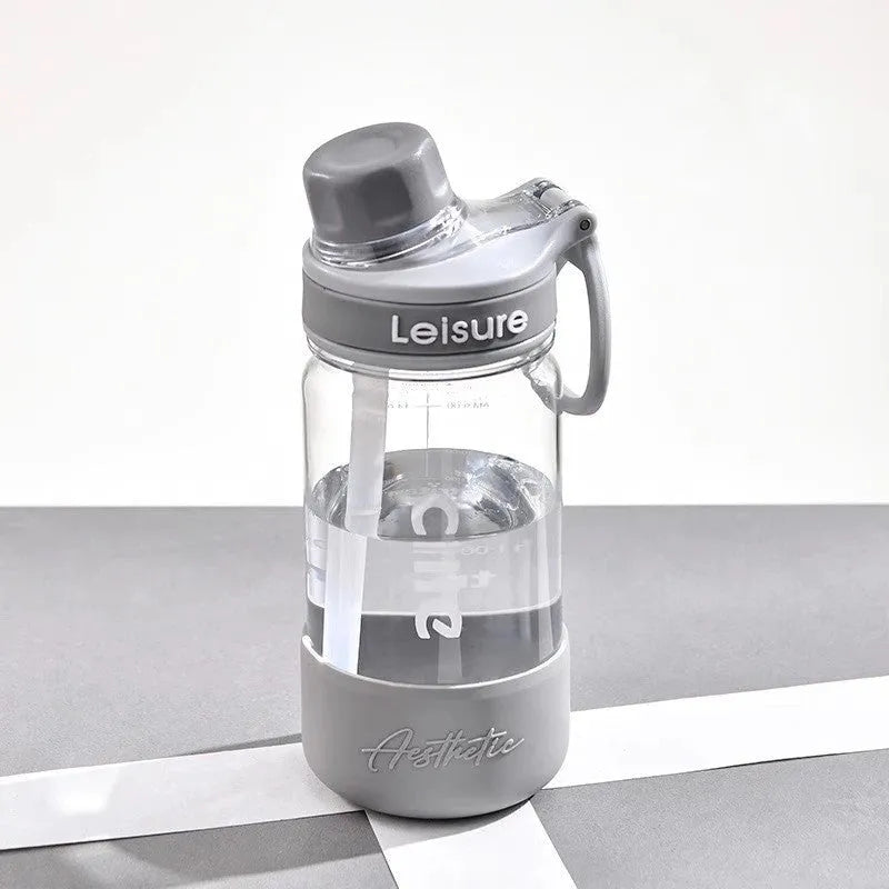 Grey heat-resistant plastic drinking cup with straw in 1000ml capacity