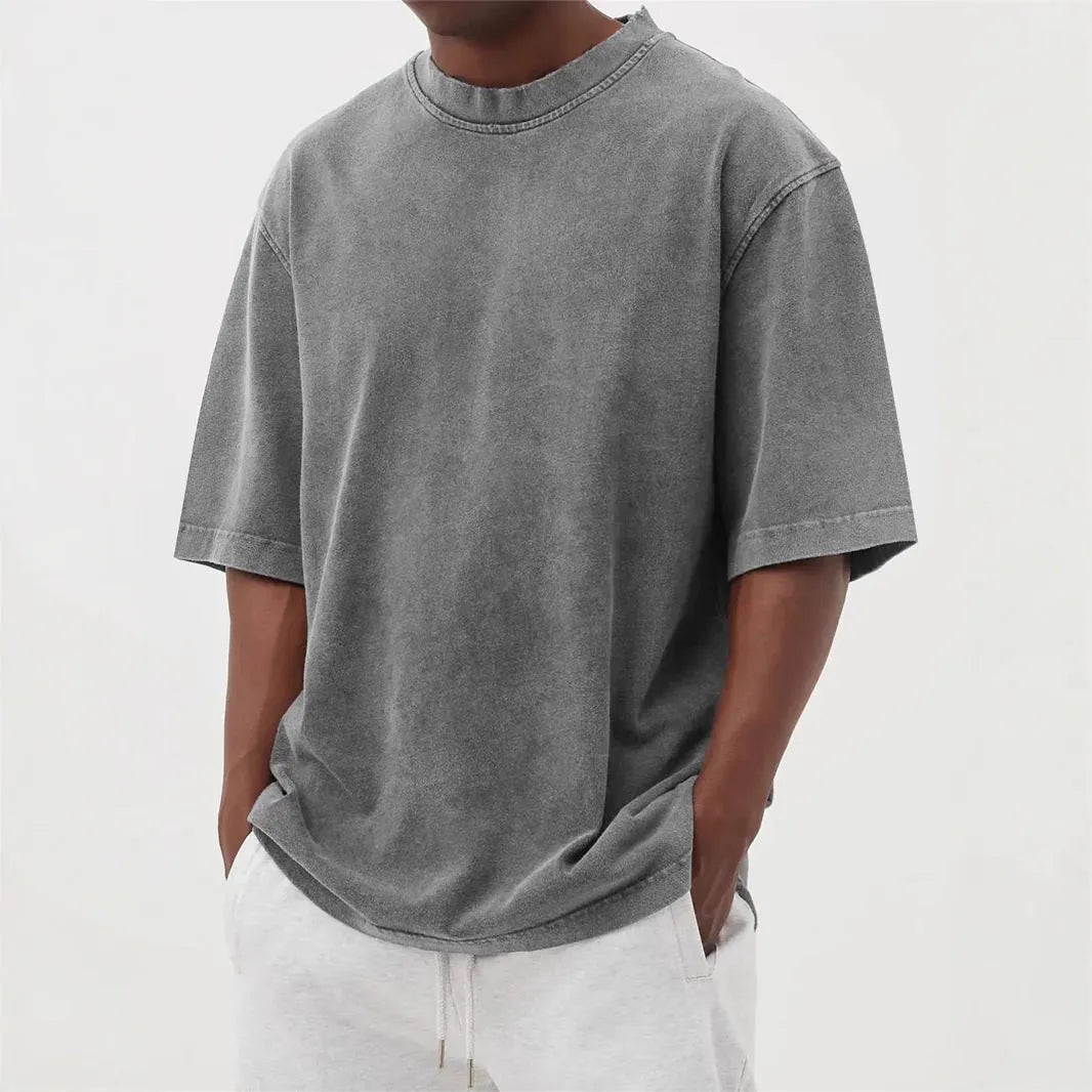Men's loose stone-washed polyester pullover t-shirt in army green.