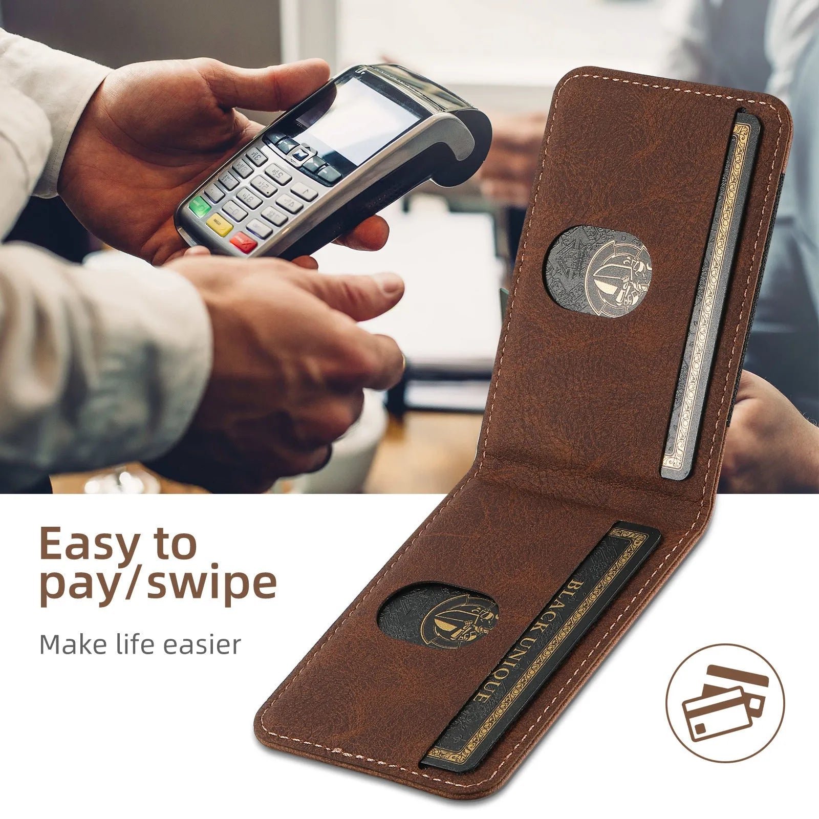 Handmade PU TPU plug-in card phone case with bracket and magnetic suction in lychee black finish