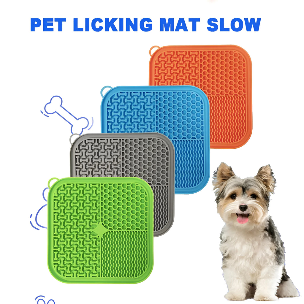 Blue silicone dog lick mat with suction cups on back, textured surface for slow feeding