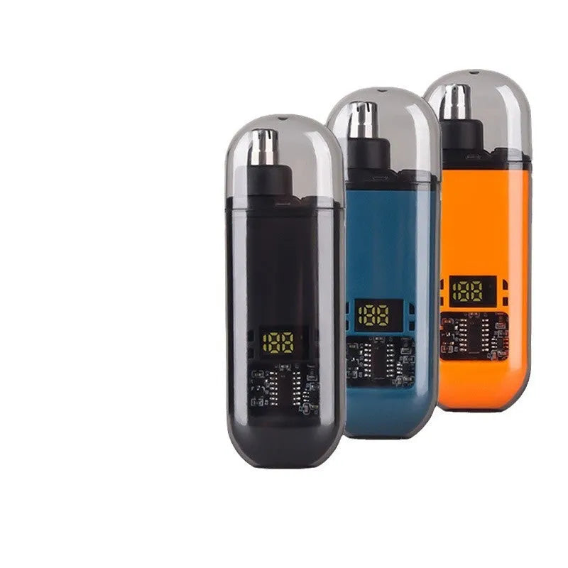 Rechargeable nose hair trimmer with digital display, shown in black, blue, and orange colour options.