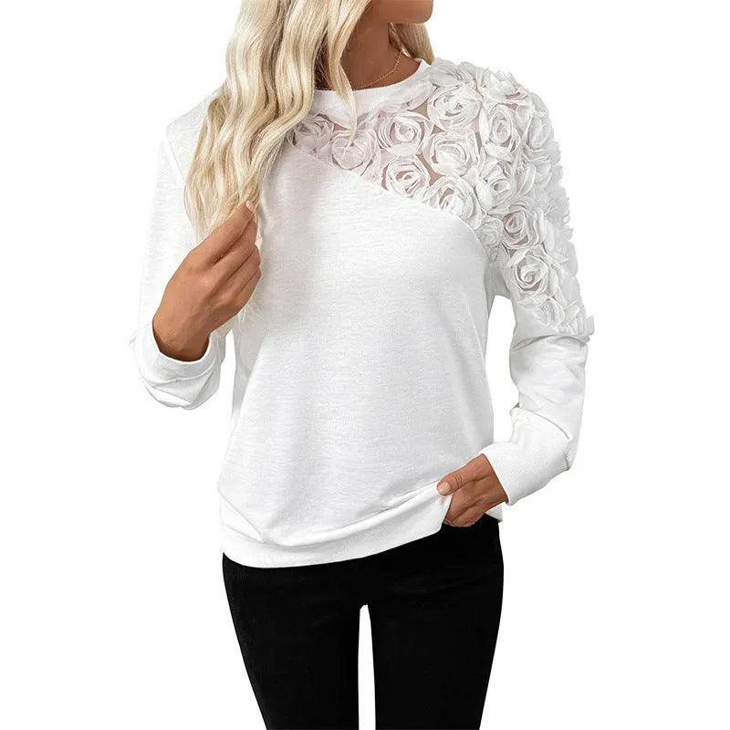 White floral pattern loose fit long sleeve polyester pullover top
