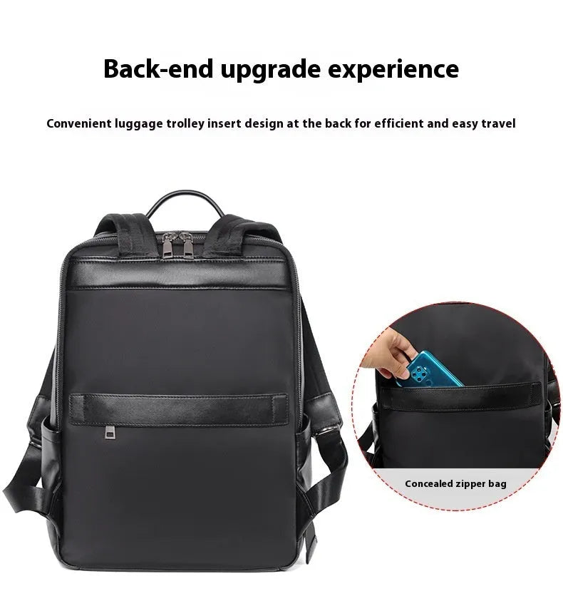 Men's black genuine leather computer backpack with 36-55 litre capacity and business styling