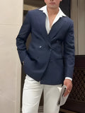 Men's striped double-breasted blazer showing regular fit and traditional tailoring details