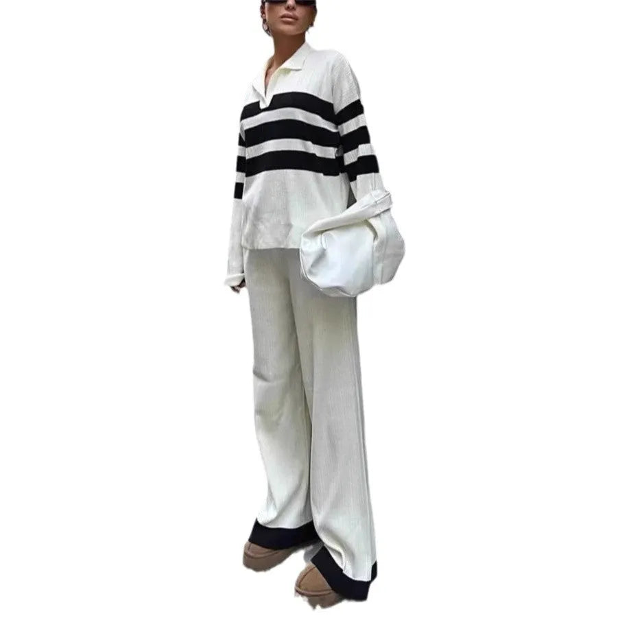 Women's black and white striped knitted two-piece set with polo collar top and trousers