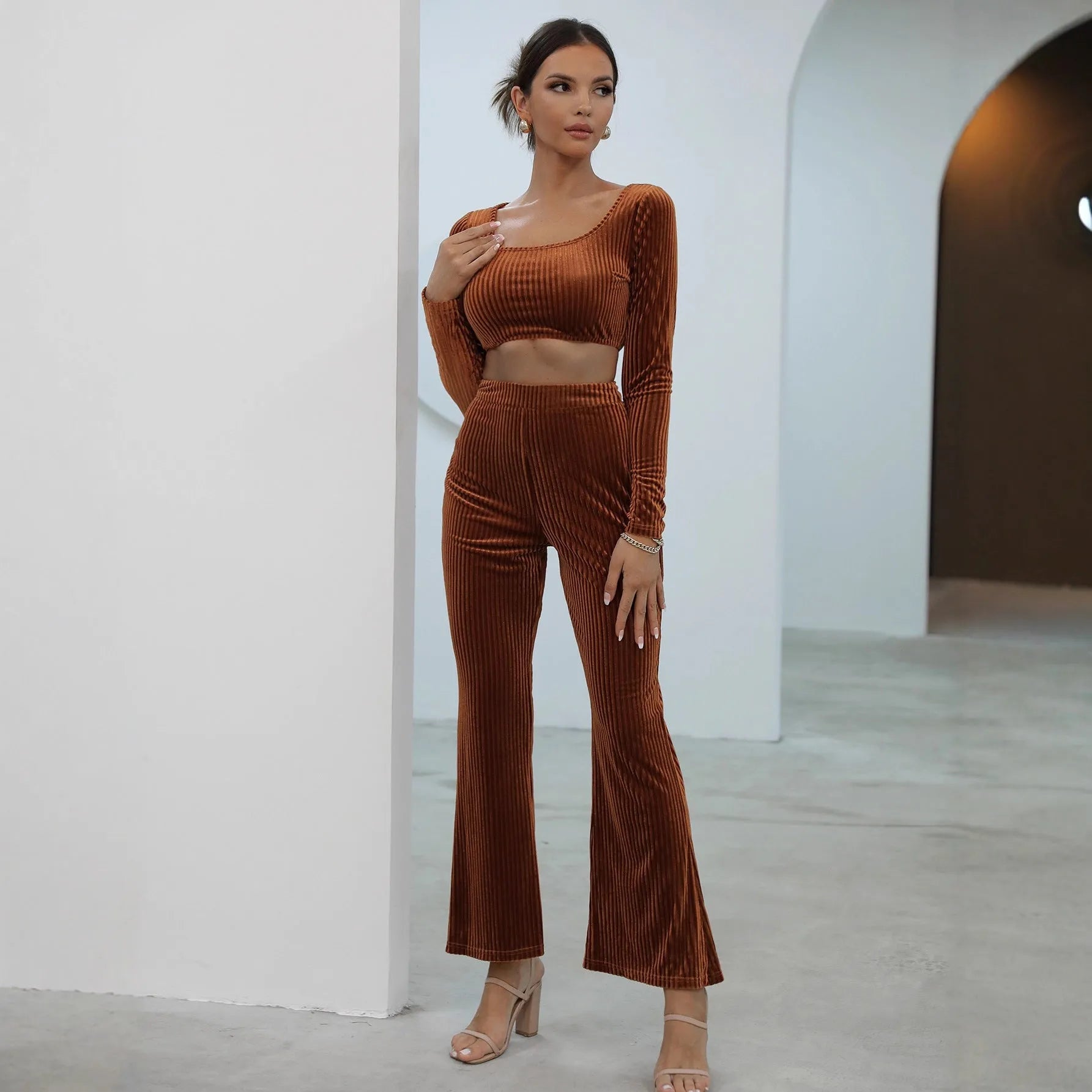 Women's caramel coloured long sleeve sweater and matching trousers casual set
