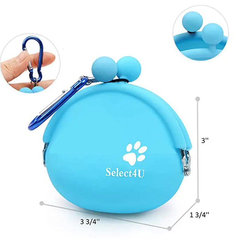 Silicone dog training treat pouch with hook-and-loop strap in blue, green, orange, pink, or yellow