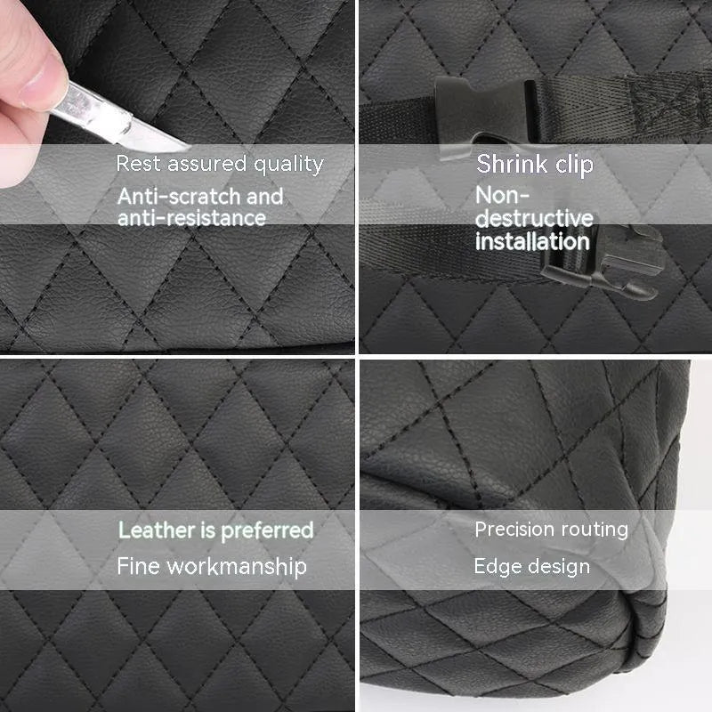 Leather car interior hanging storage bag in black, pink, green and white colours