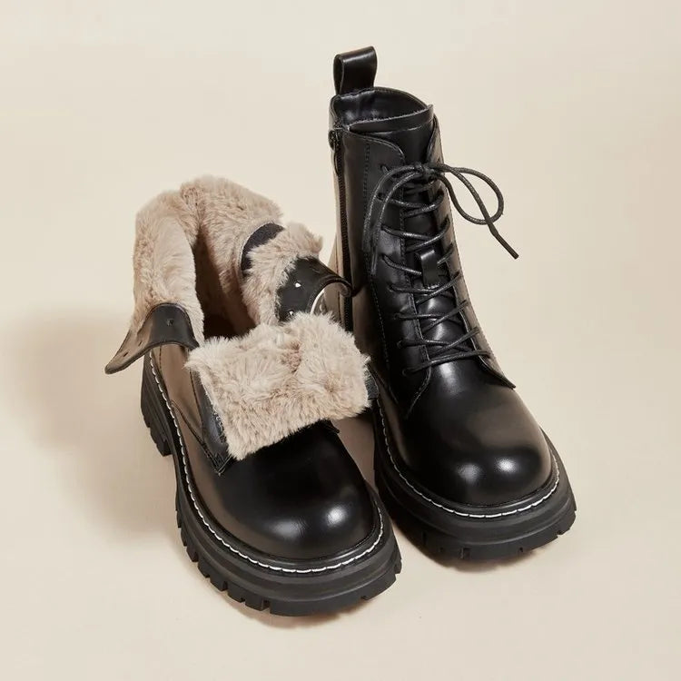 Retro British style platform ankle boots with front lace-up, horseshoe heel, and visible stitching in black