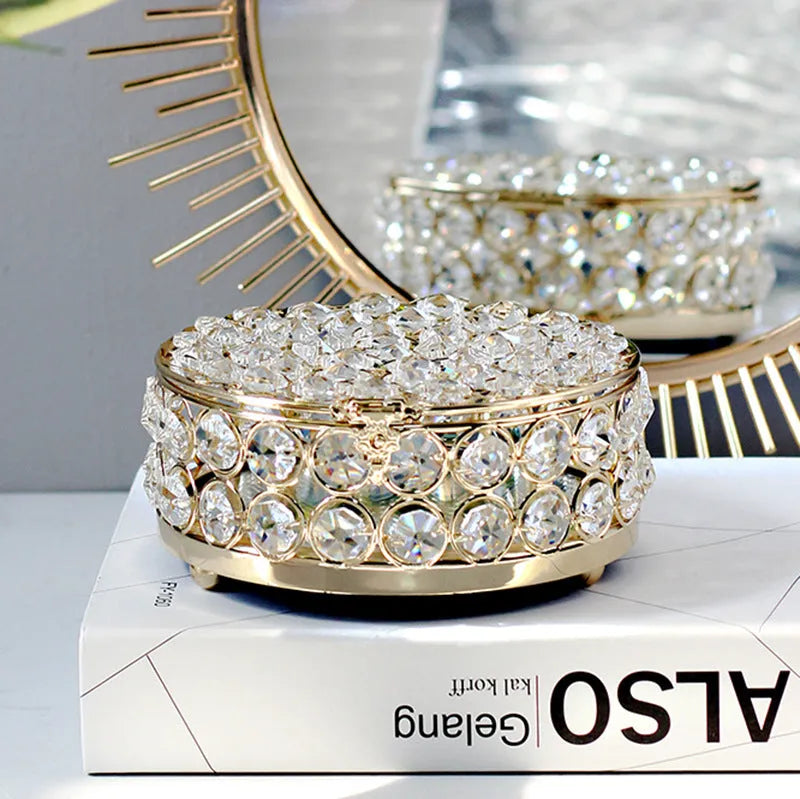 French gold European style jewelry box with crystal glass transparent lid showing contents