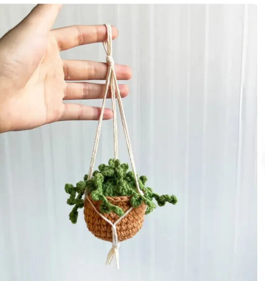 Knitted wool car plant decoration with green and white pattern, 8cm basin and hanging cord