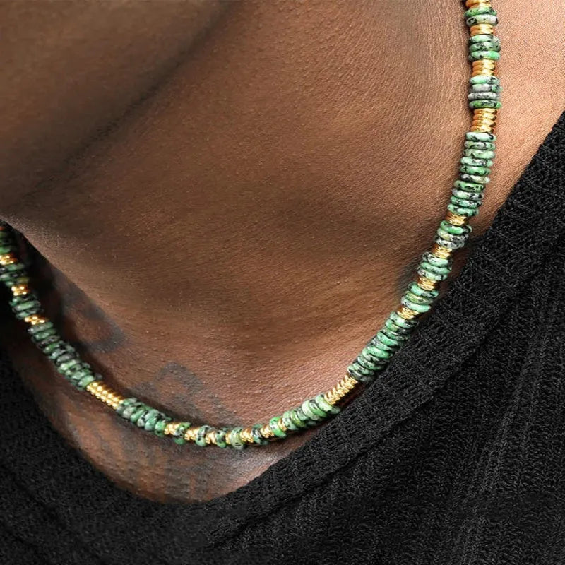 41cm women's vintage speckled green stone beaded necklace with geometric shape and handmade design