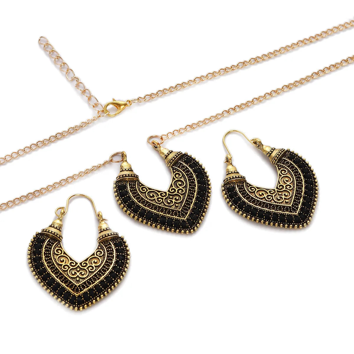 Rope winding heart-shaped earrings and matching necklace set with electroplated alloy pendants, shown in one of five colours