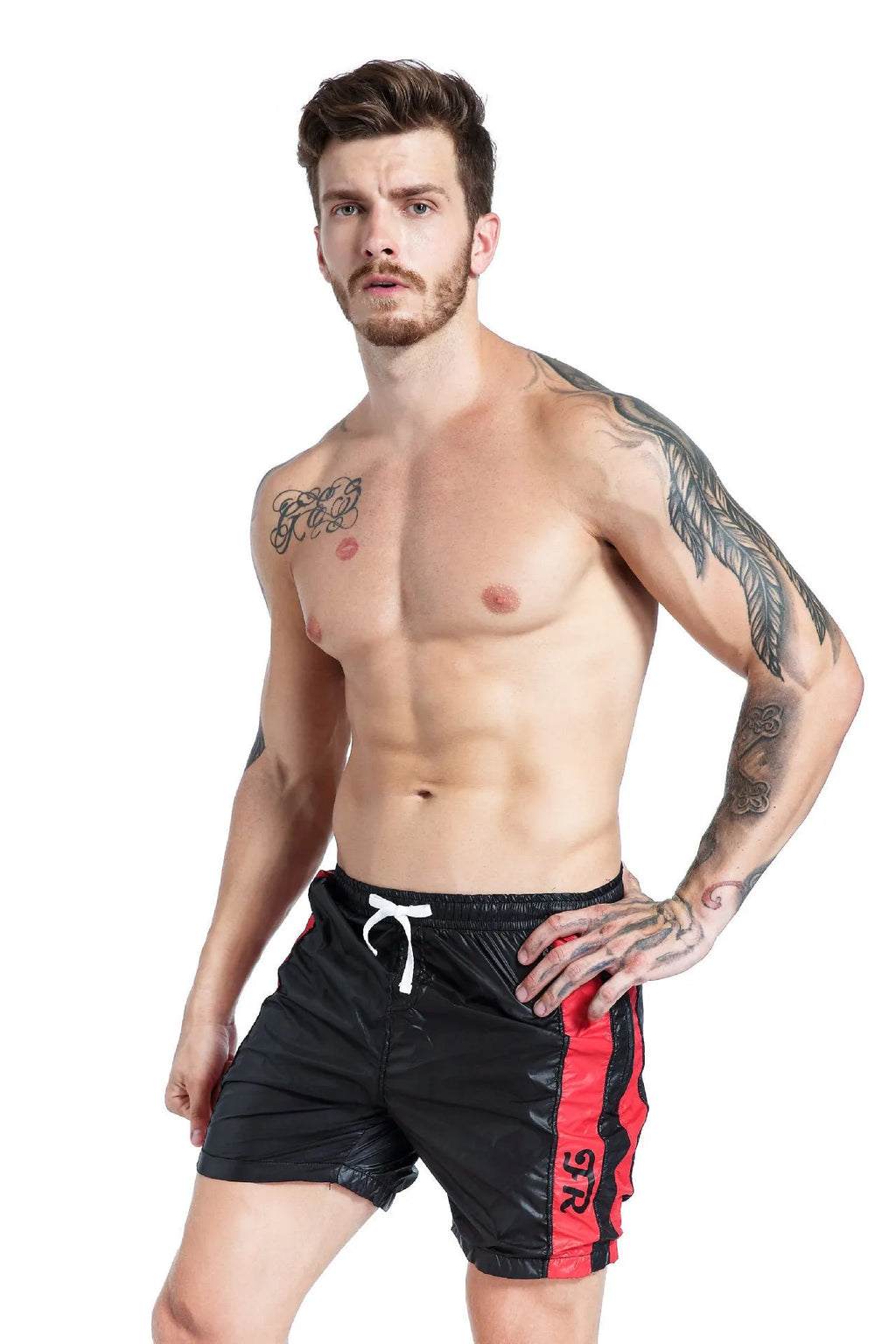 Men's blue lace-up sports shorts with padding, slim-fit polyester design