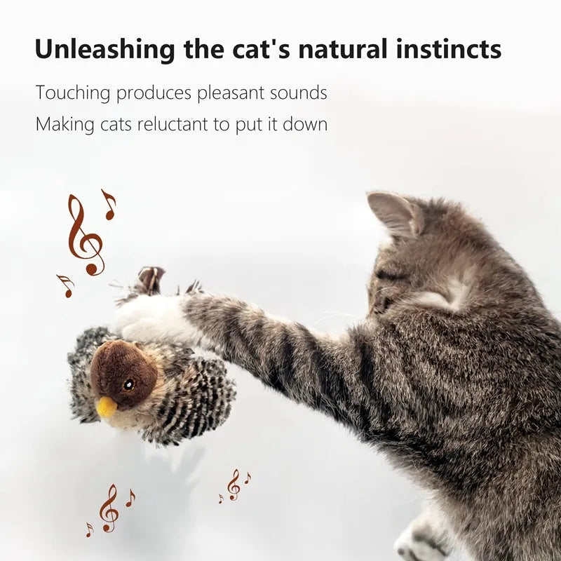 Interactive chirping bird cat toy made of velvet, 5.7x2.8x2.2 inches, with feather and ring for play.