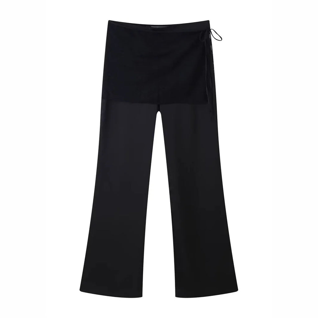 Black straight-leg trousers with lace-up front, loose fit, woven nylon, sizes XS to L