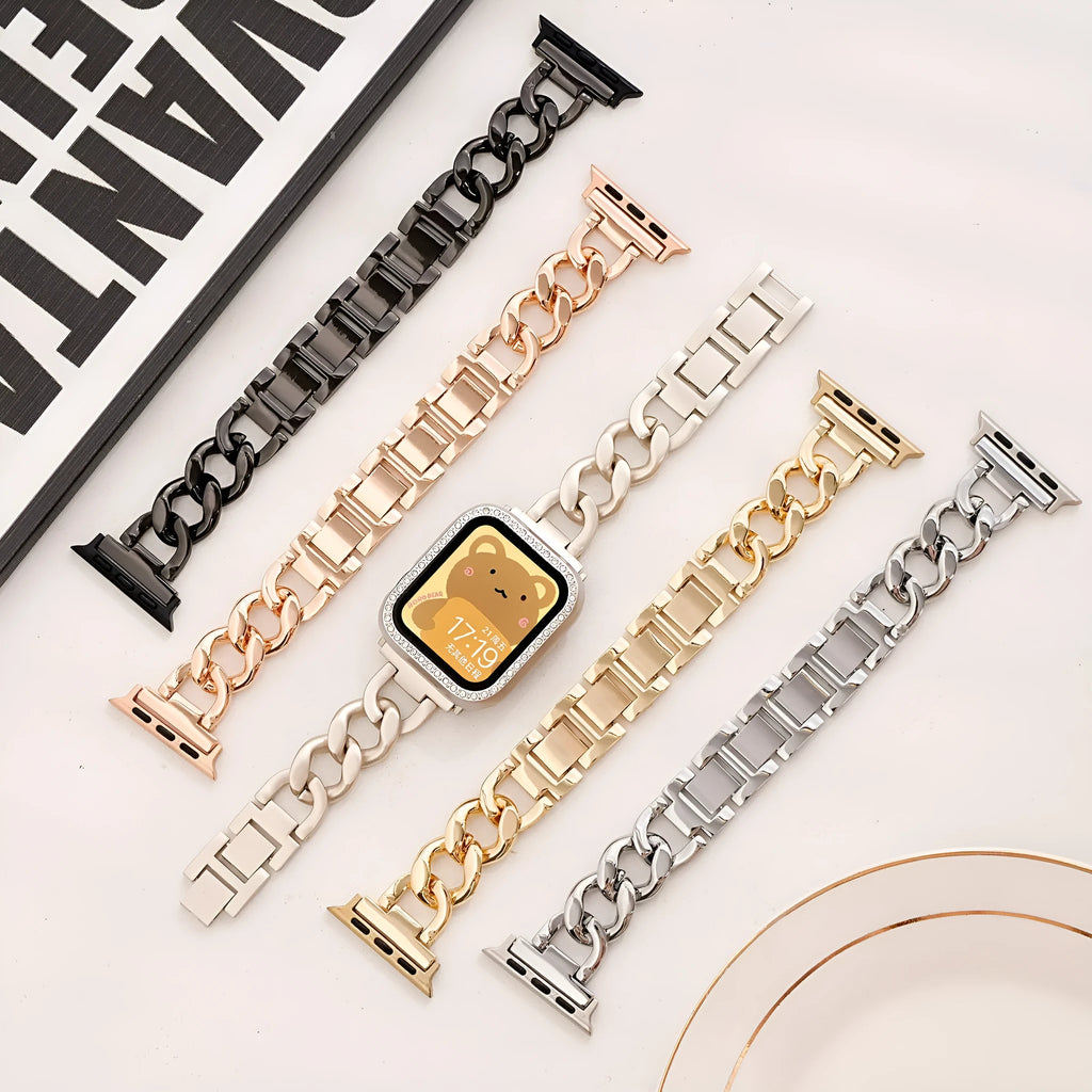 Denim-style metal chain watch strap for Apple Watch in silver, black, gold, rose gold, and starlight colours
