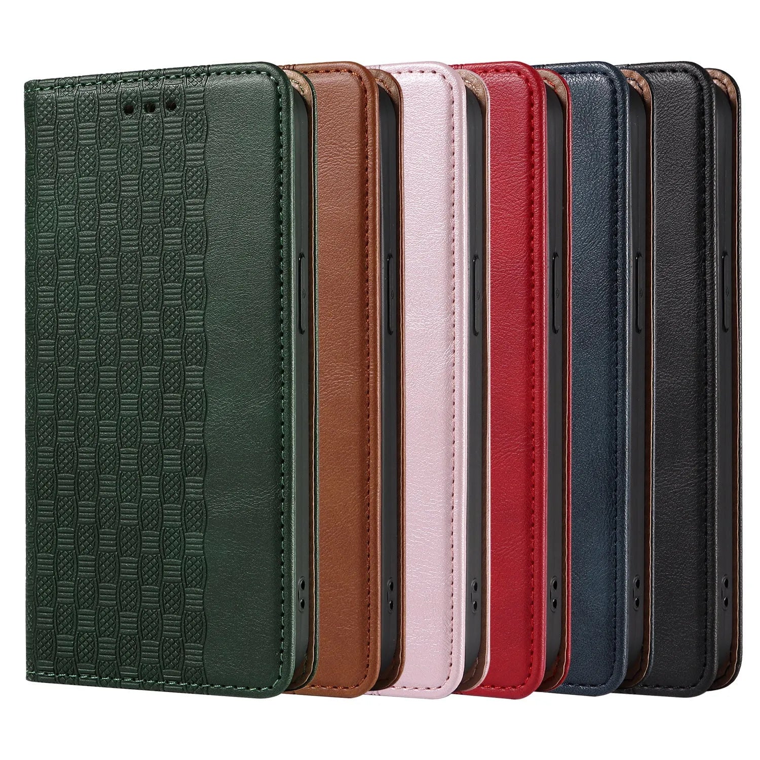 Embossed leather flip phone case for iPhone in black, shown open.