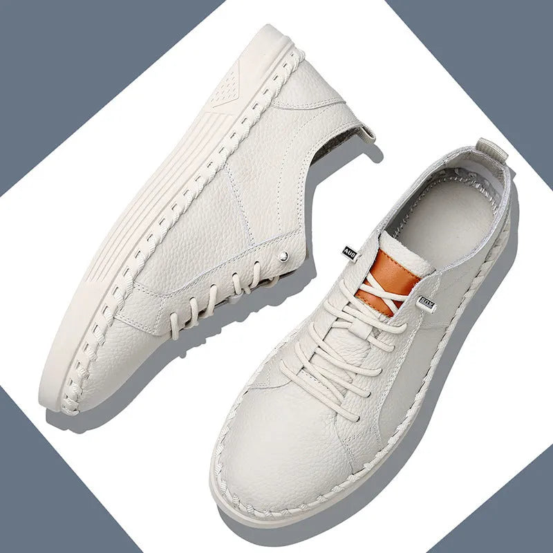 First layer cowhide men's casual sneakers round toe stitching detail beige colour