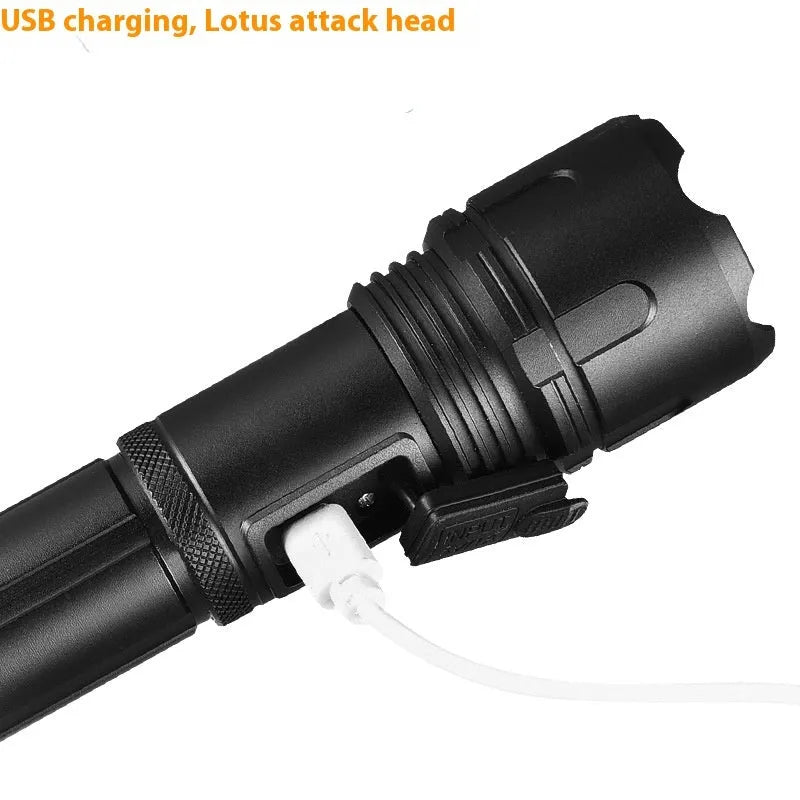 F-03 black aluminium alloy rechargeable focusing flashlight 800 lumens 15W telescopic zoom