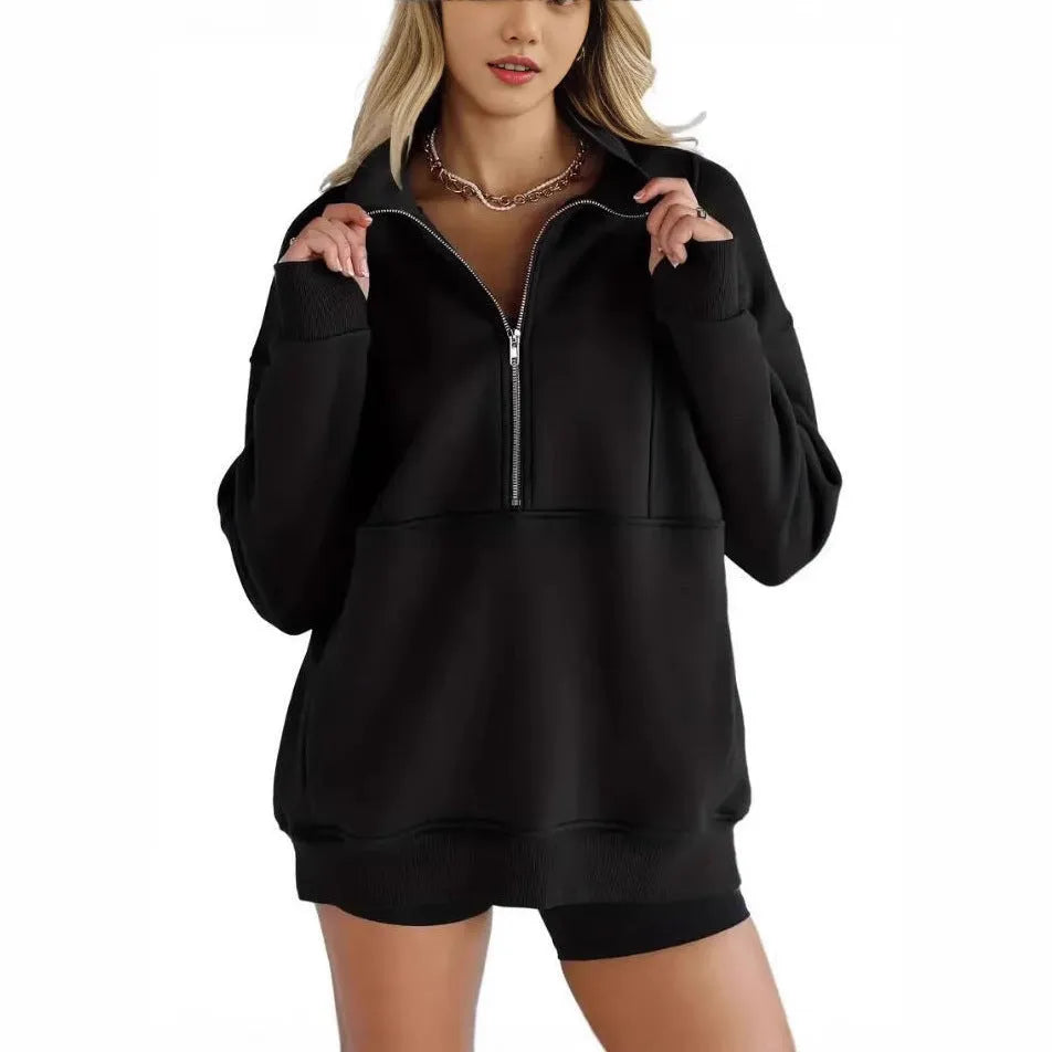 Women's loose polyester brushed hoody with zipper pocket in street hipster style, roomy fit, thick fabric