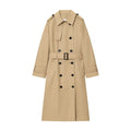 Women's double breasted trench coat, long sleeve, drawstring, dark green or khaki, sizes XS to L