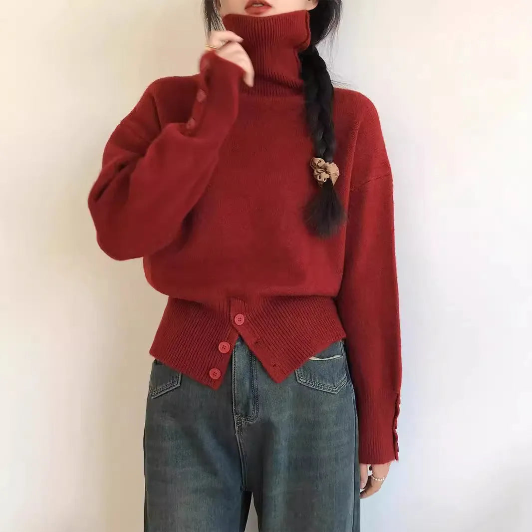 High waist button front knit sweater pullover in free size, available in seven colours including white, khaki, brown, green, gray, black and purple.