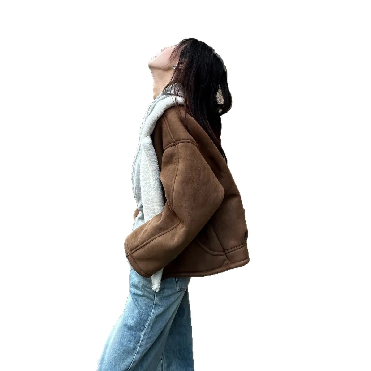 Brown fleece-lined thick lapel short padded jacket for women, loose fit, sizes S-XL