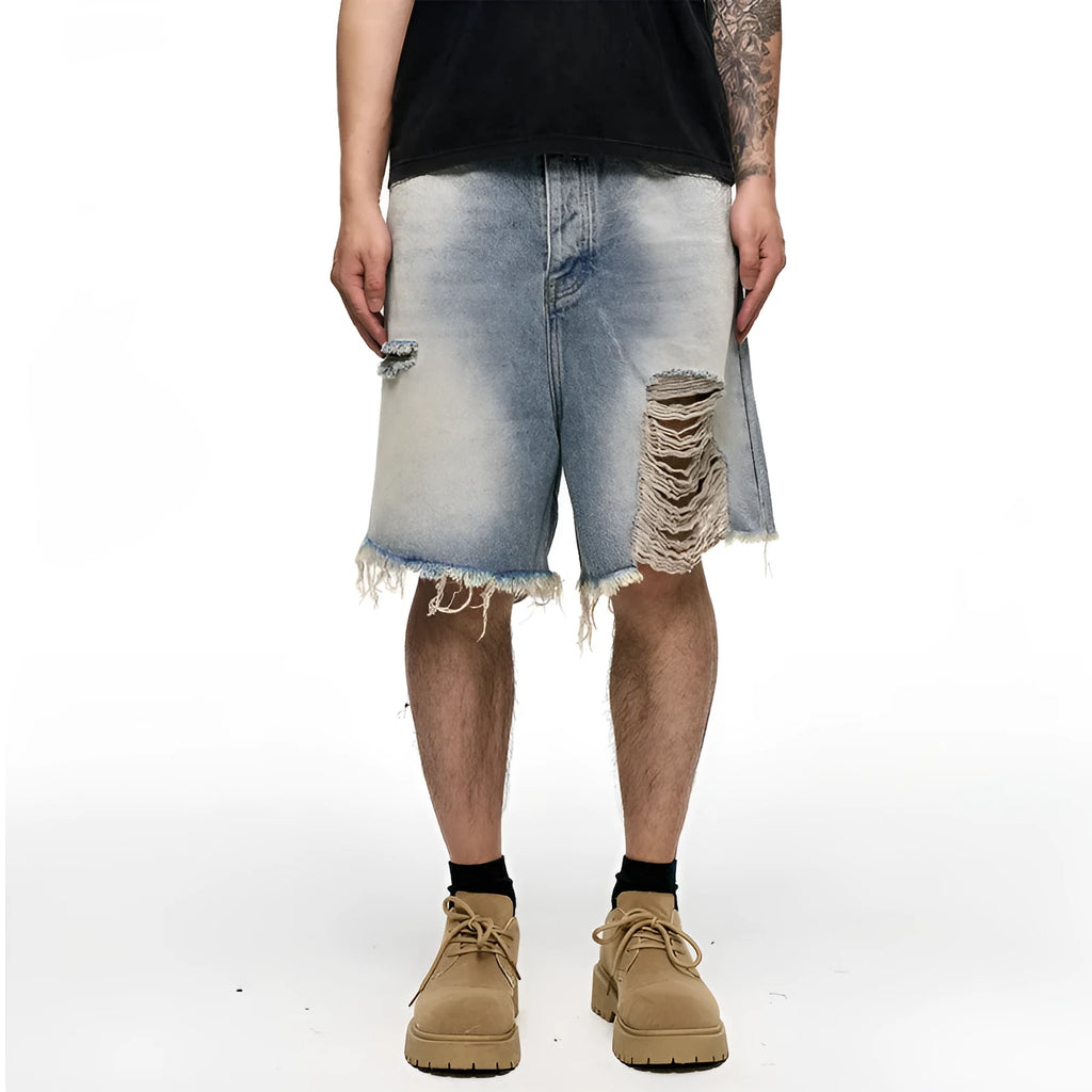 Light blue men's baggy retro denim shorts on a mid waist, showing wide leg and fifth pants length