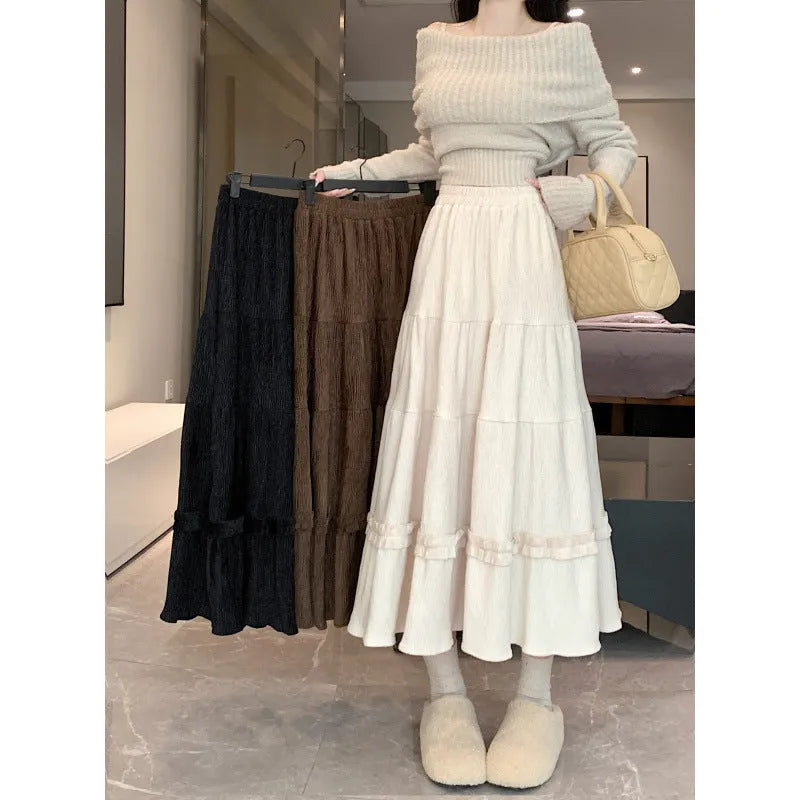 Midi A-line corduroy skirt with elastic waistband in solid colour options