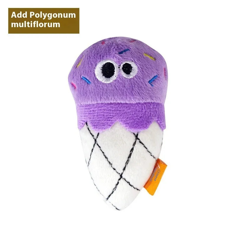 Six food-shaped catnip plush toys: burrito, cone, cucumber, mushroom, pineapple, and pizza designs
