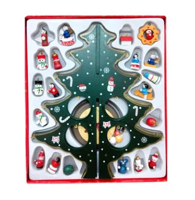 Hand-painted red wooden Christmas tree decoration approximately 36cm tall on a desktop