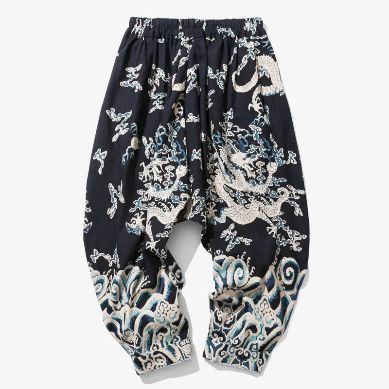 Men's hip hop cross pants with dragon print pattern and elastic waist in loose harem style.