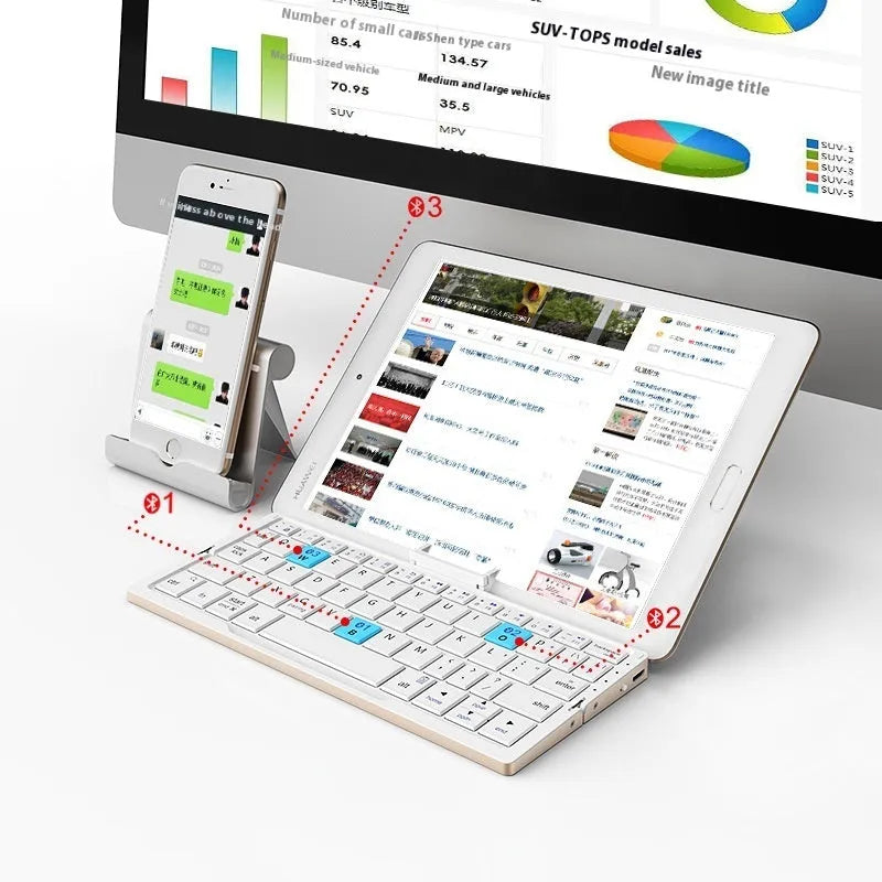 Folding Bluetooth keyboard for tablets and phones, ABS material, black gray colour, on a white background