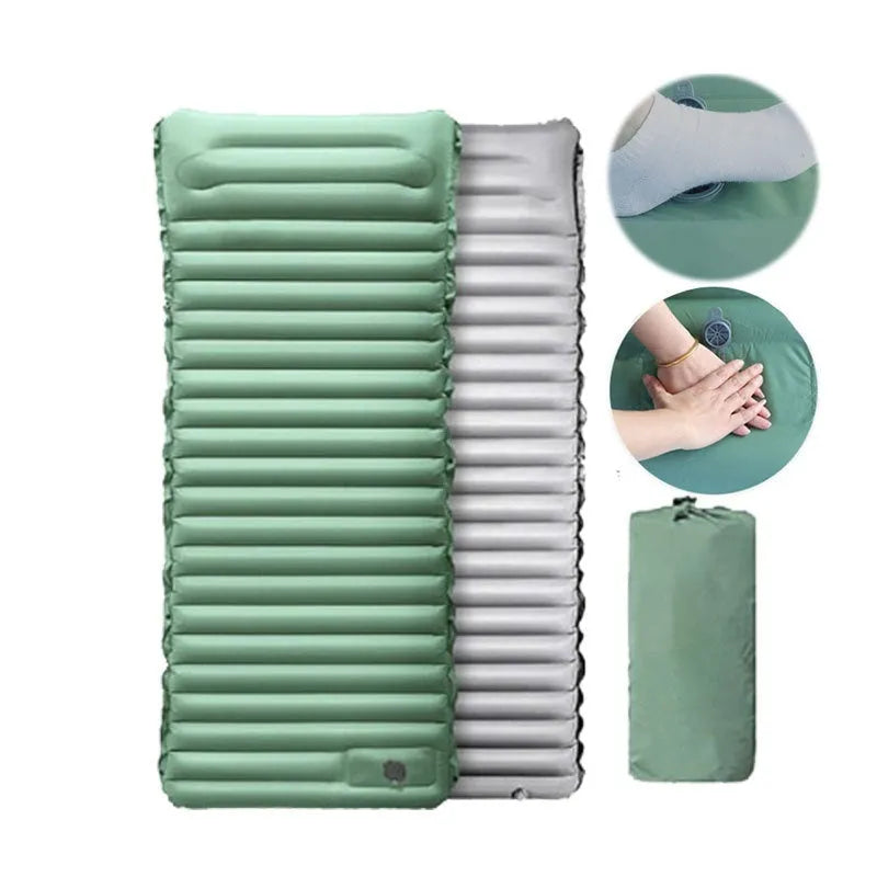 Portable inflatable camping mattress expanded to 195cm × 70cm × 10cm dimensions in desert gray colour