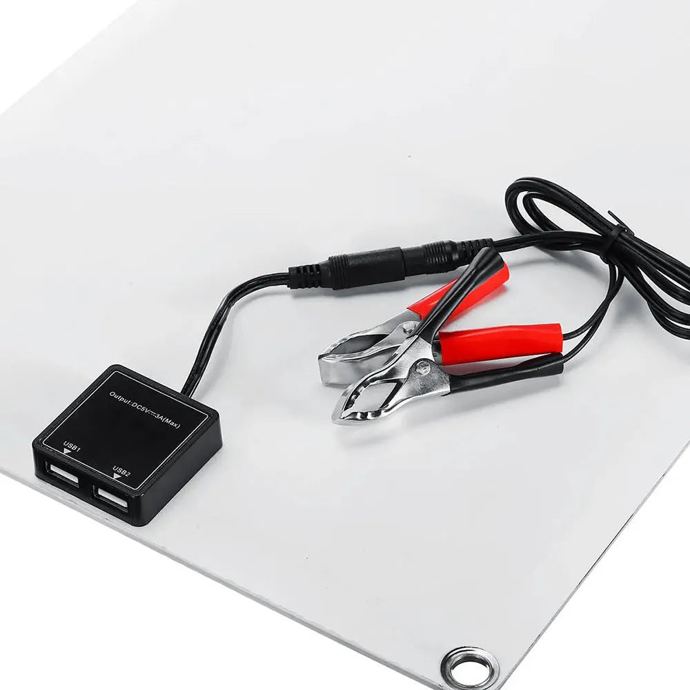 30W semi-flexible solar panel with USB and DC charging ports for outdoor use.