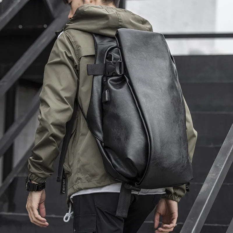 Korean men's PU leather shoulder bag in black with car suture, square shape, double strap, and cover bag