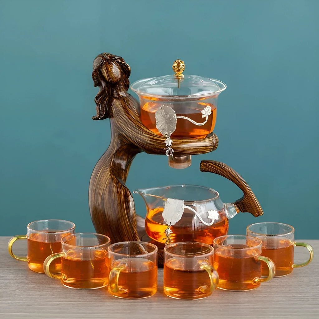 Maid semi-automatic borosilicate glass tea set with stainless steel filters and Chinese style design on tea tray