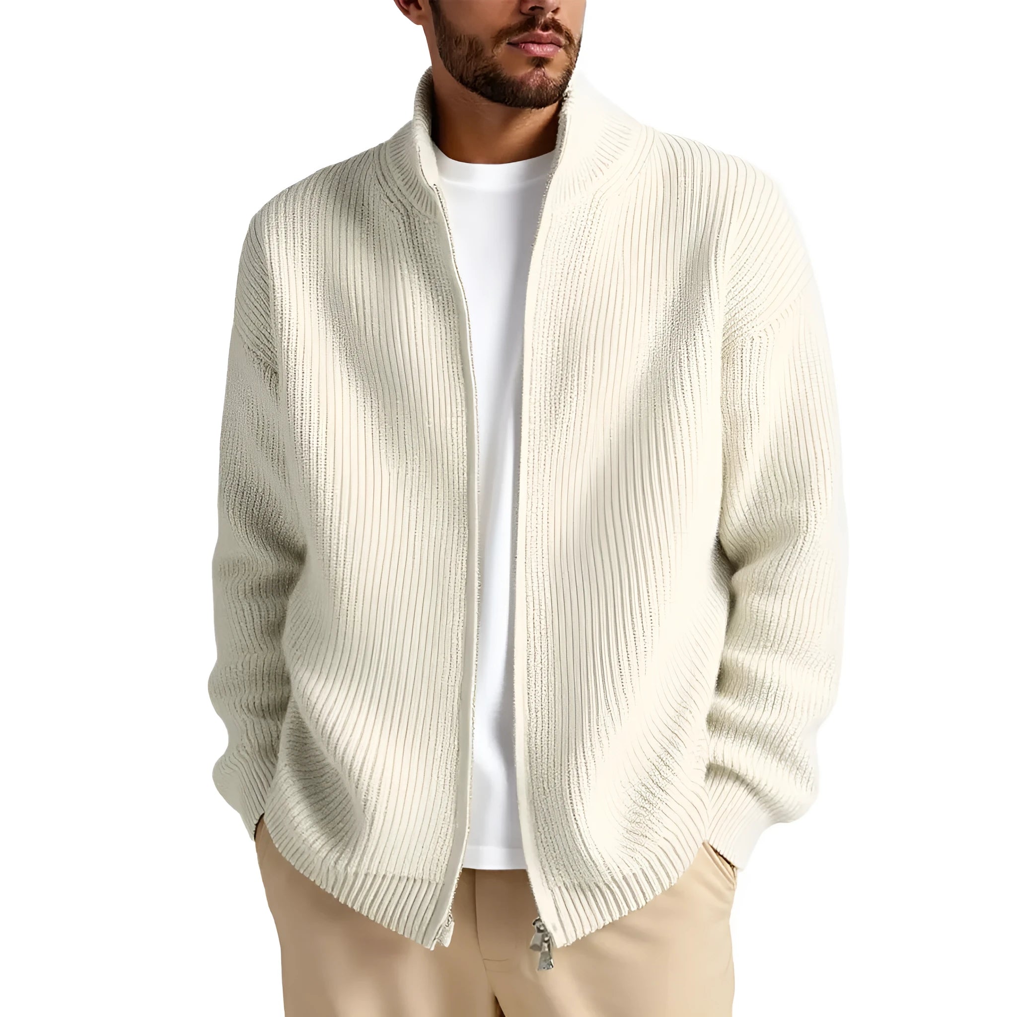 Men's loose V-neck cardigan sweater in grey colour showing casual fit