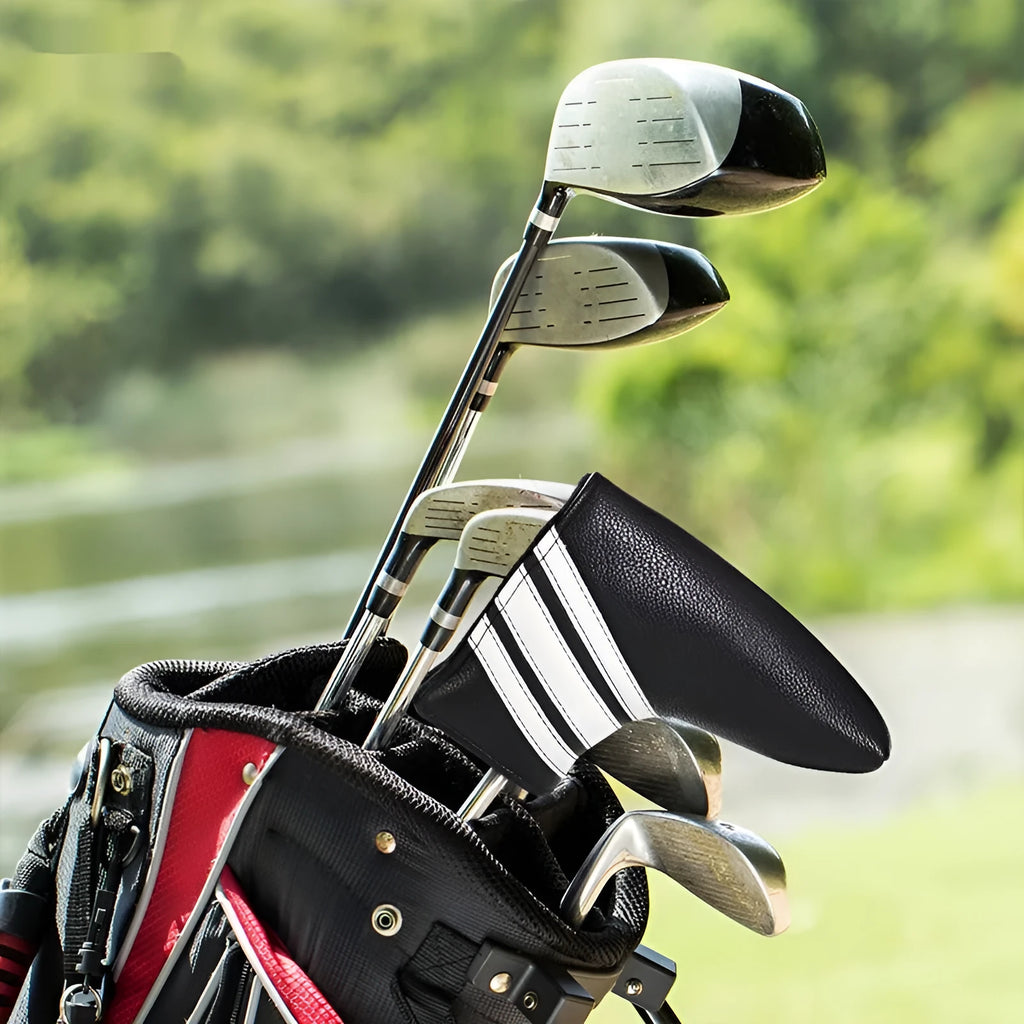 Black PU leather golf club head cover and push rod sleeve set for putter protection