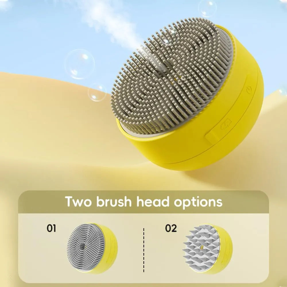 Green and yellow rechargeable cat steam brush with silicone bristles for pet grooming and massage.