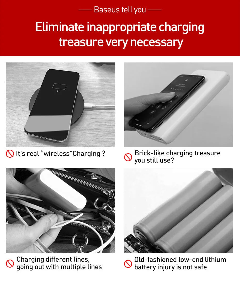Square black wireless fast charge power bank with LED display showing battery percentage