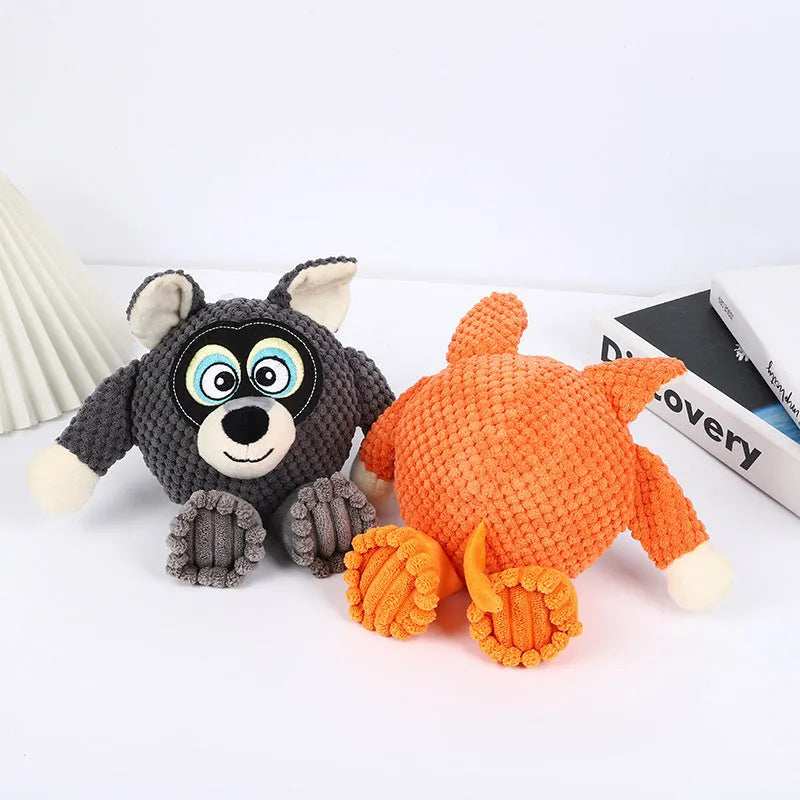 Bite resistant dog plush toy for tooth cleaning measuring 27x24cm in blue, gray, orange