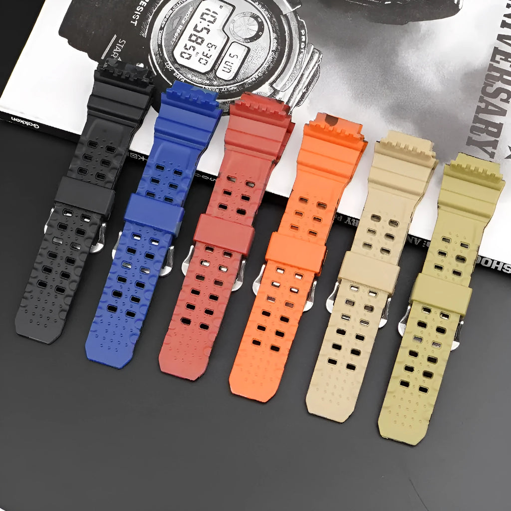 TPU camouflage pattern watch strap with silver buckle showing colour variations