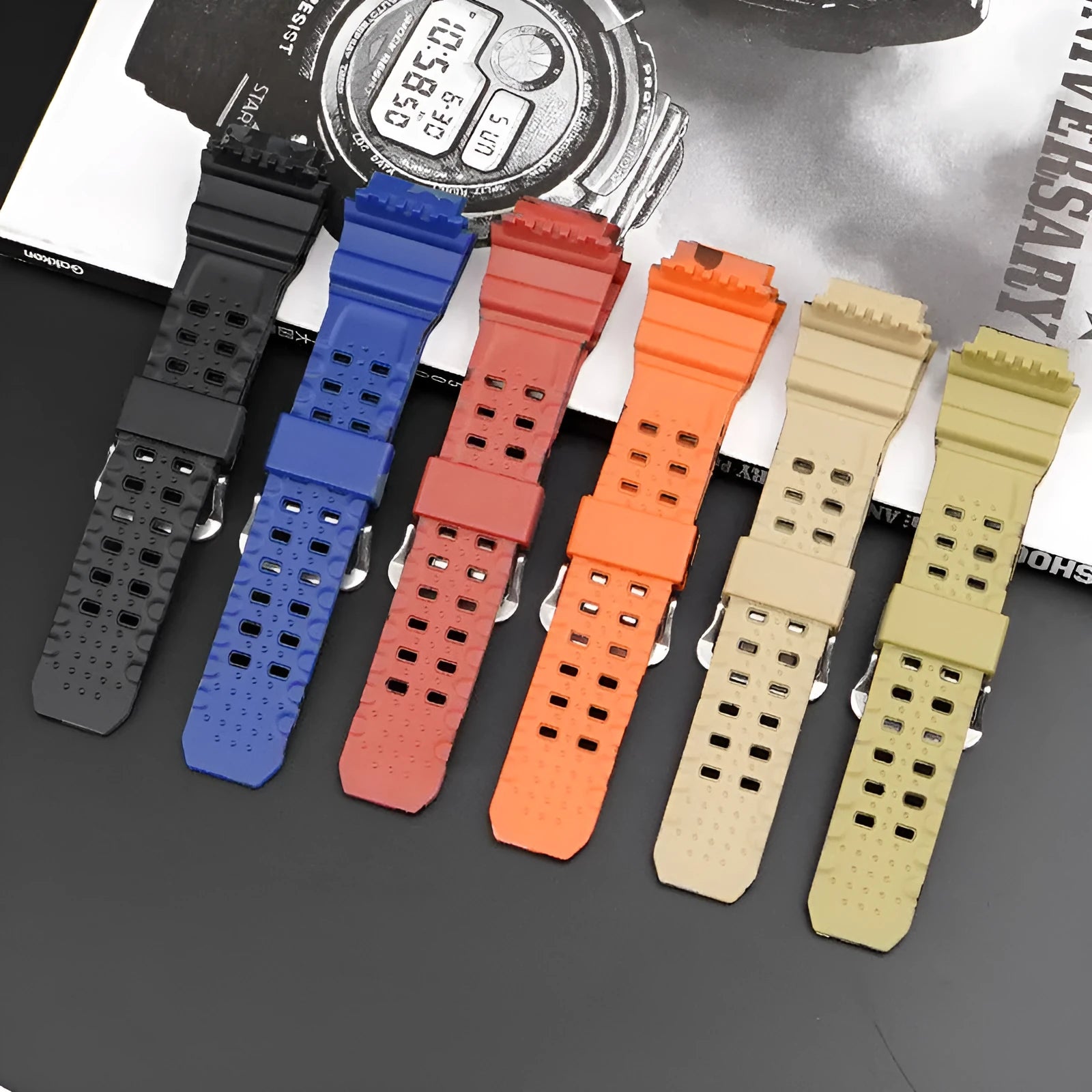 TPU camouflage pattern watch strap with silver buckle showing colour variations